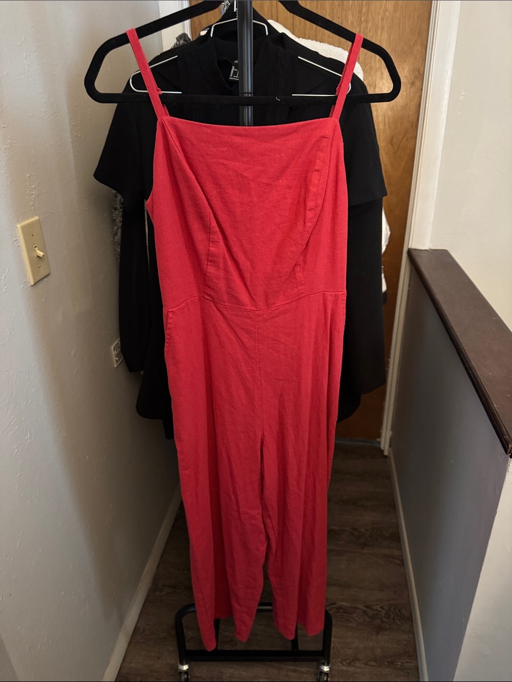 Red Jumpsuit with Spaghetti Straps and Pockets!